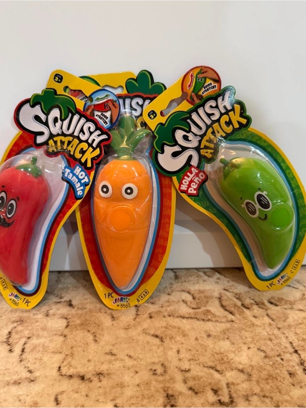 3 awesome "Squish Attack" Vegetable Squishy toys by Ja-Ru